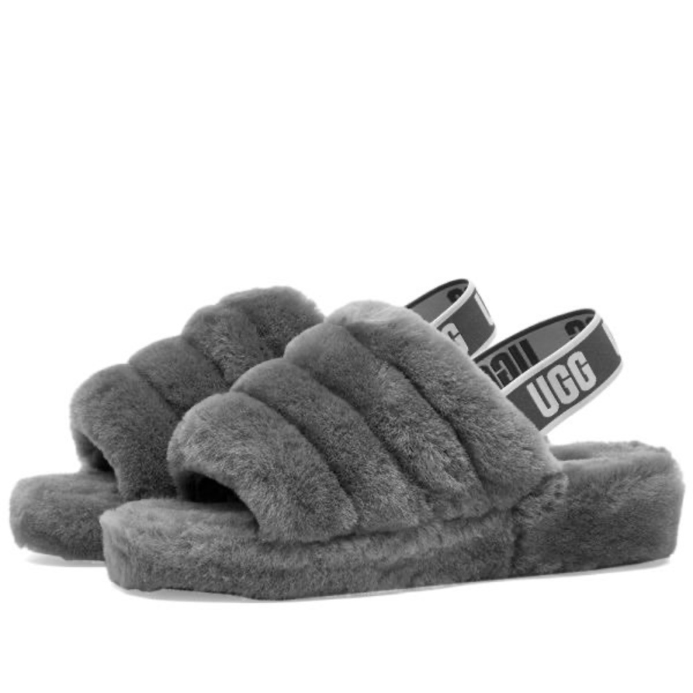NEW NWoT UGG Women's FLUFF YEAH Charcoal Slipper Slide READ DESCRIPTION! - Picture 2 of 8